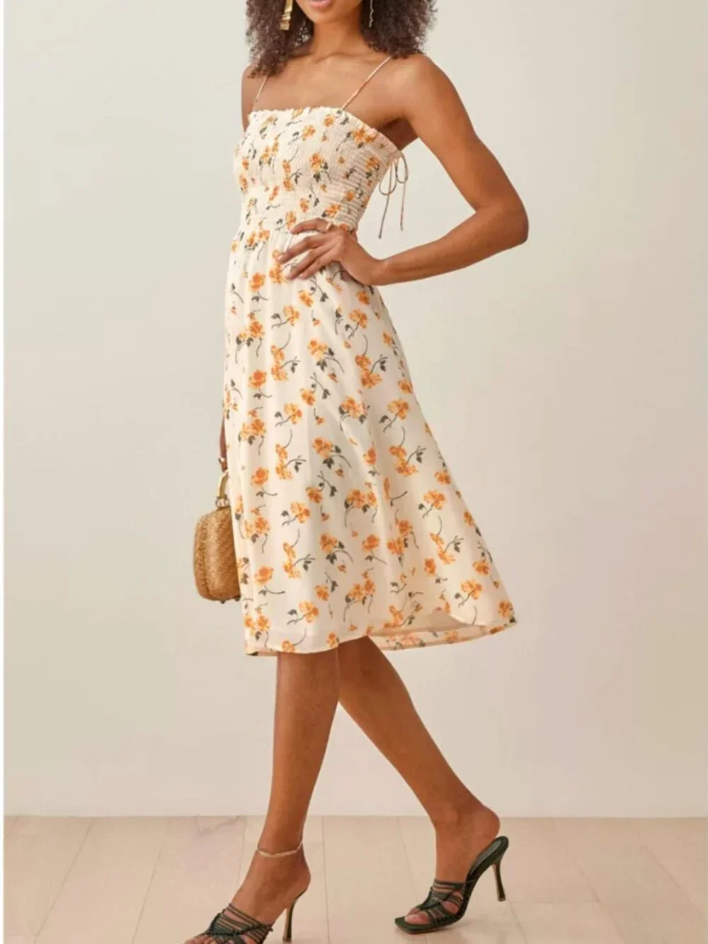 Reformation Sable Midi Dress Small Limo Orange Cream Floral Smoking Stretch - Picture 1 of 8